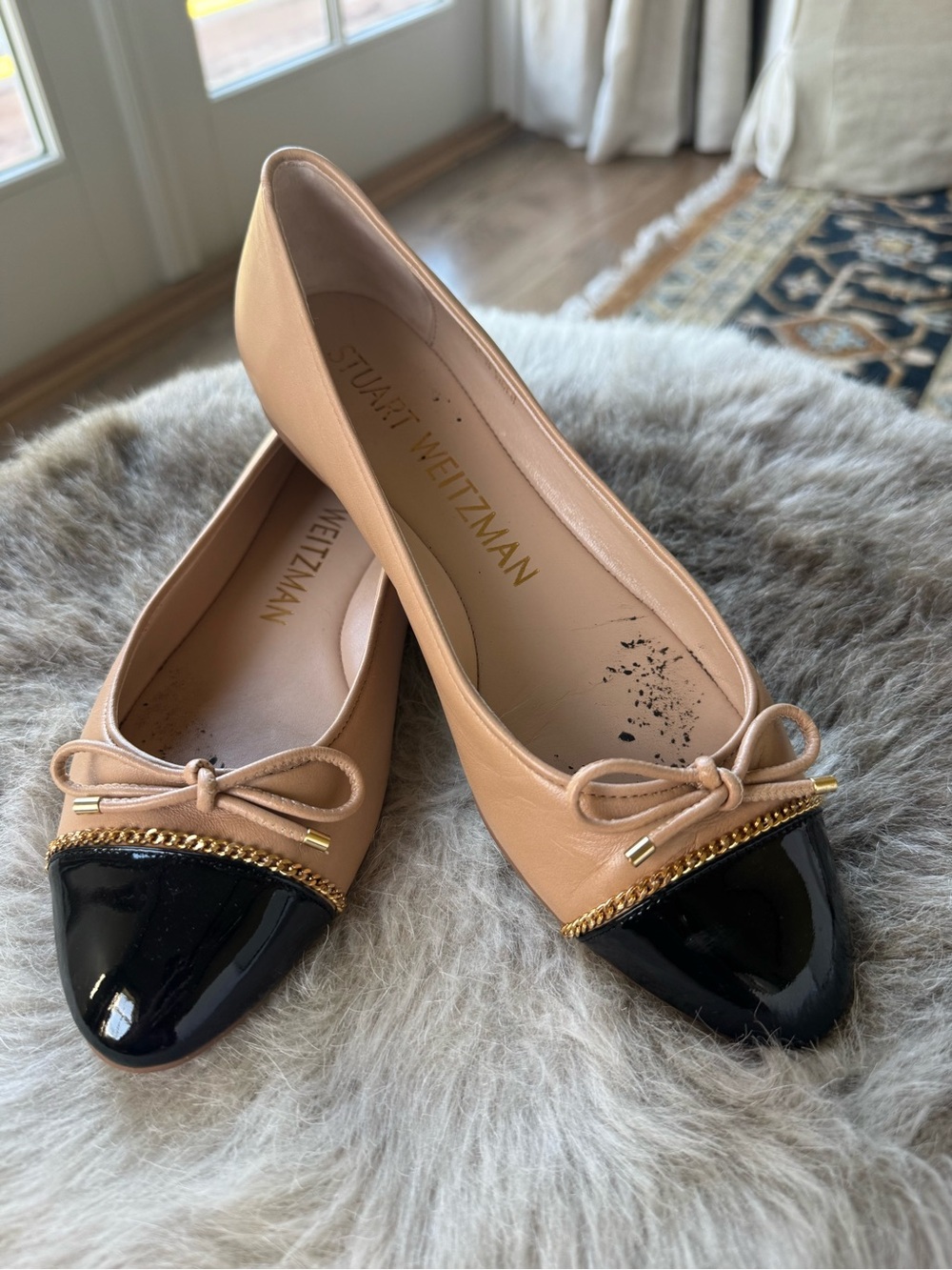 Stuart Weitzman Nude Leather Ballet Flats with Black Patent Cap Toe & Gold Chain